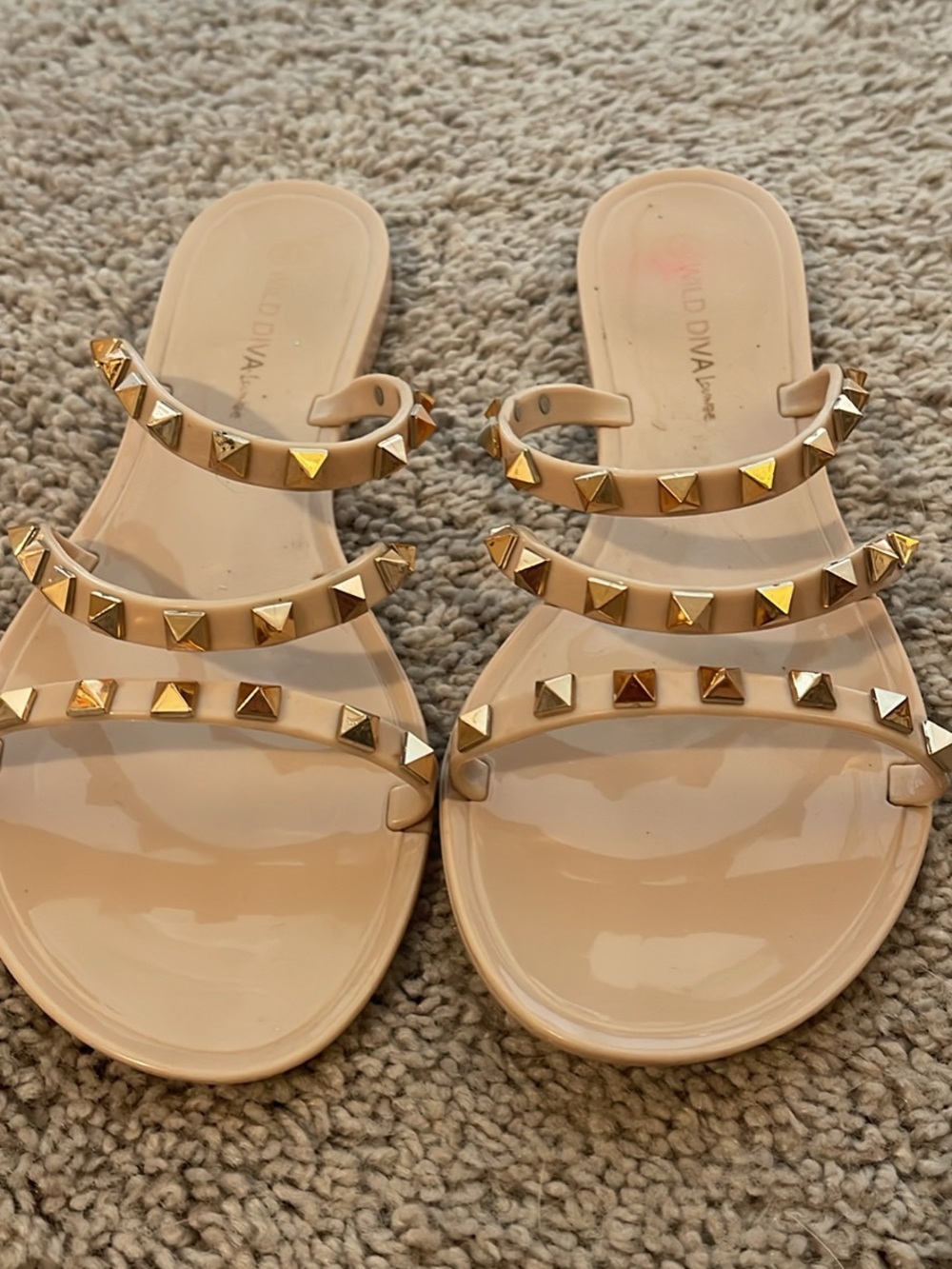 Beige Studded Women's Slide Sandals - Gold Pyramid Detail by Wild Diva, 8